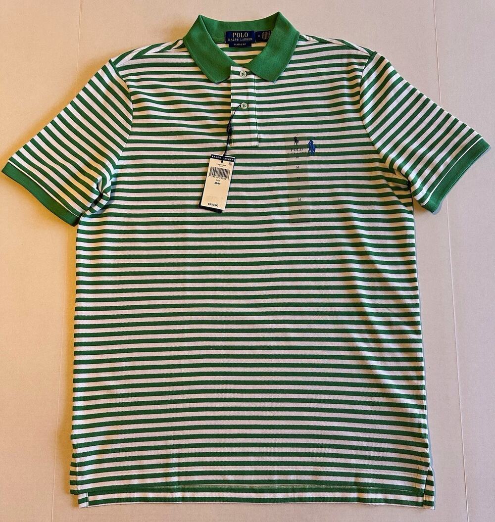 Polo Ralph Lauren Men’s Classic Fit Cotton Green/White Striped Polo Shirt M NWT